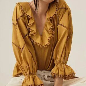 FARM RIO  x Anthropologie Ruffled V-Neck Blouse XL